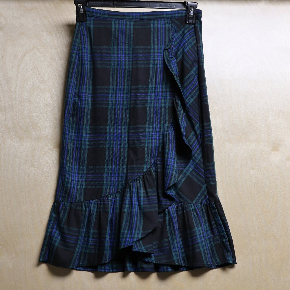 Free Assembly Bue & Green Plaid Ruffle Midi Skirt Women's Sz 4 NWT